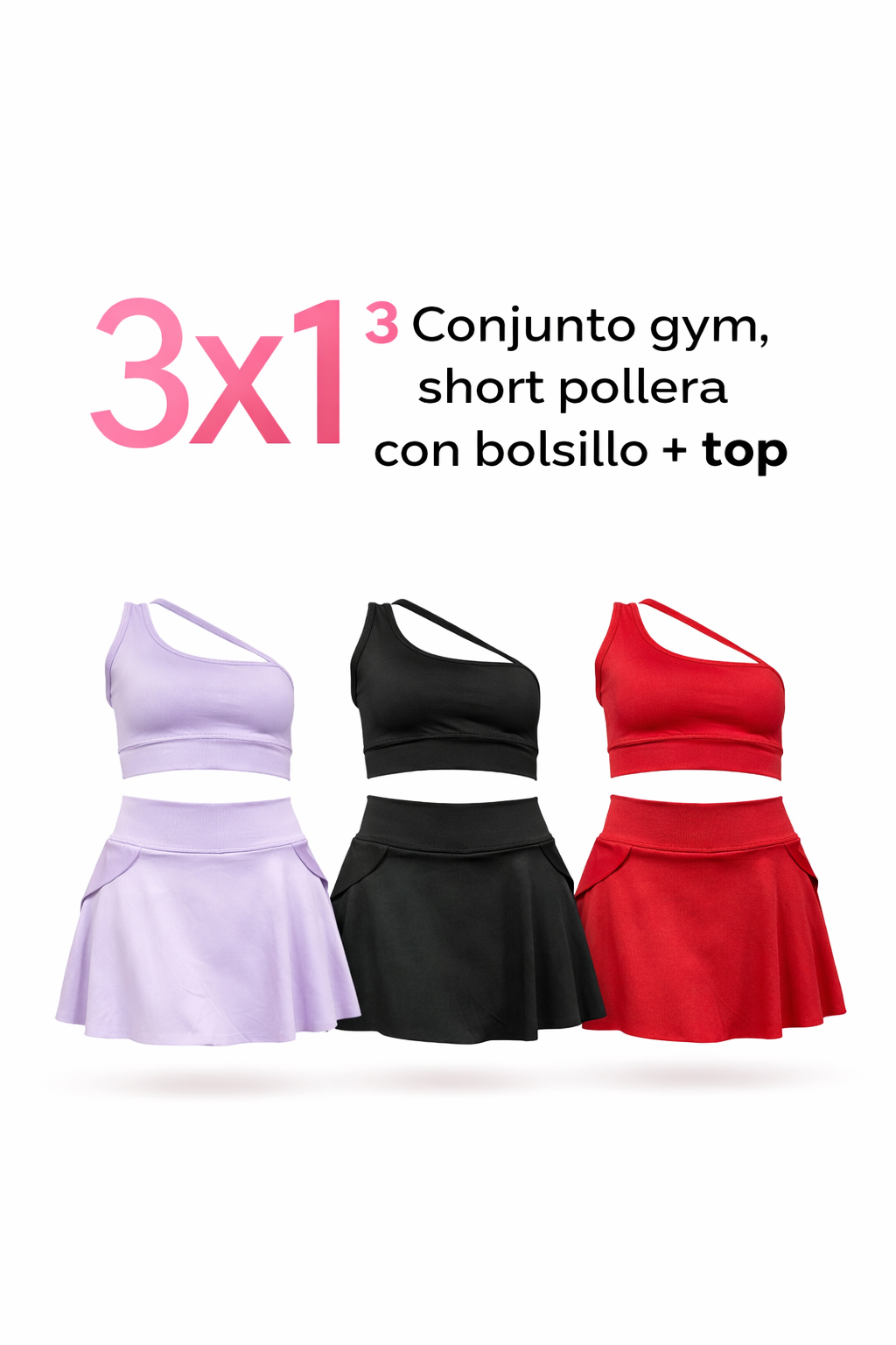 OFERTA 3x1 conjunto short pollera+ top gym